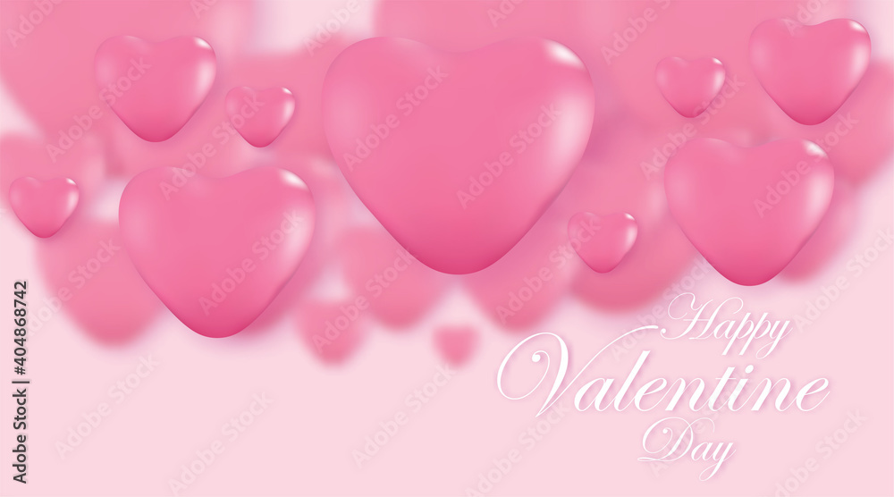 Pink Valentine's Day background, 3d hearts on bright backdrop. Vector illustration.