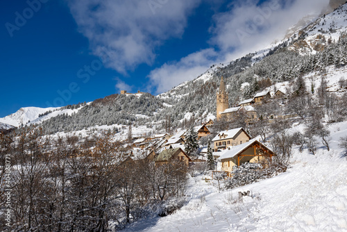 The village of Reallon in winter in Ecrins National Park. Hautes-Alpes ski resort, Alps, France