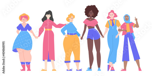 Group of girls of different nationalities. Multiracial community. The friends stand together and hold hands. Independent women. Colorful cartoon characters. Vector flat illustration.