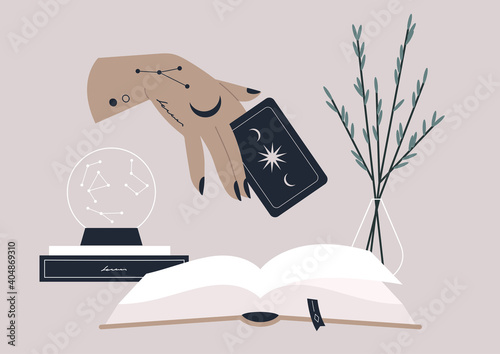 Divination via tarot card reading, magical prophecy, a fortune teller set