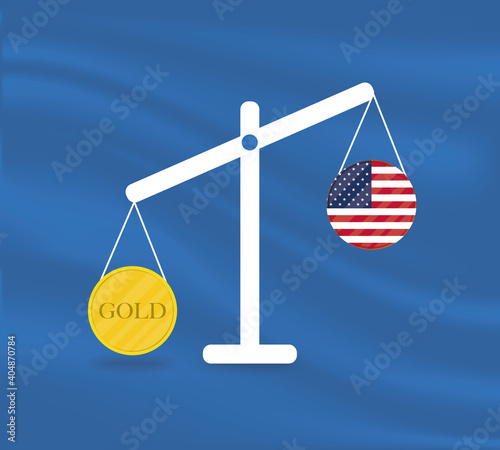 Currency round yellow gold on Libra and the economy balances of the country of USA. Gold is rising, the currency value of the country is decreasing. Money value and purchasing power change.