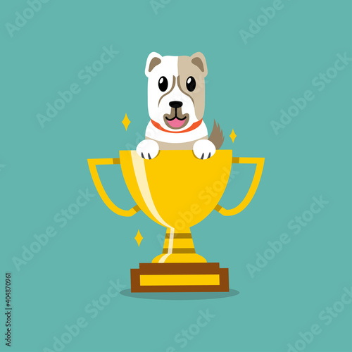Cartoon character dog with gold trophy cup award for design.