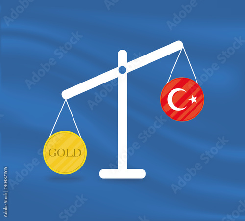 Currency round yellow gold on Libra and the economy balances of the country of Turkey. Gold is rising, the currency value of the country is decreasing. Money value and purchasing power change.