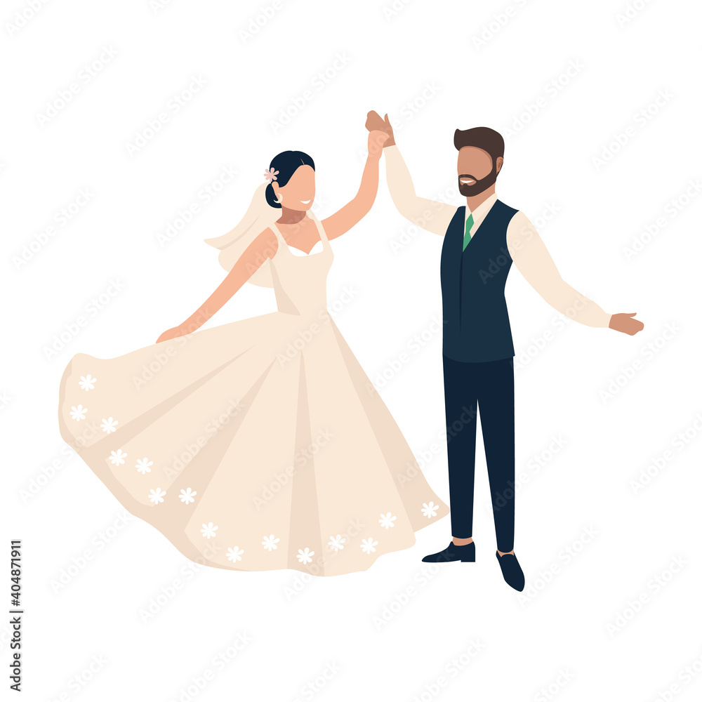 Happy bride and groom get married. Flat vector illustration of lovers man and woman in wedding clothes. Together forever. Isolated over white background.