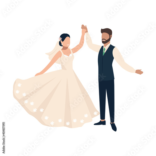 Happy bride and groom get married. Flat vector illustration of lovers man and woman in wedding clothes. Together forever. Isolated over white background.