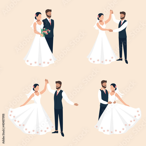 Set of vector illustrations of a happy bride and groom get married. Flat vector illustration of lovers man and woman in wedding clothes. Together forever. Isolated over white background.