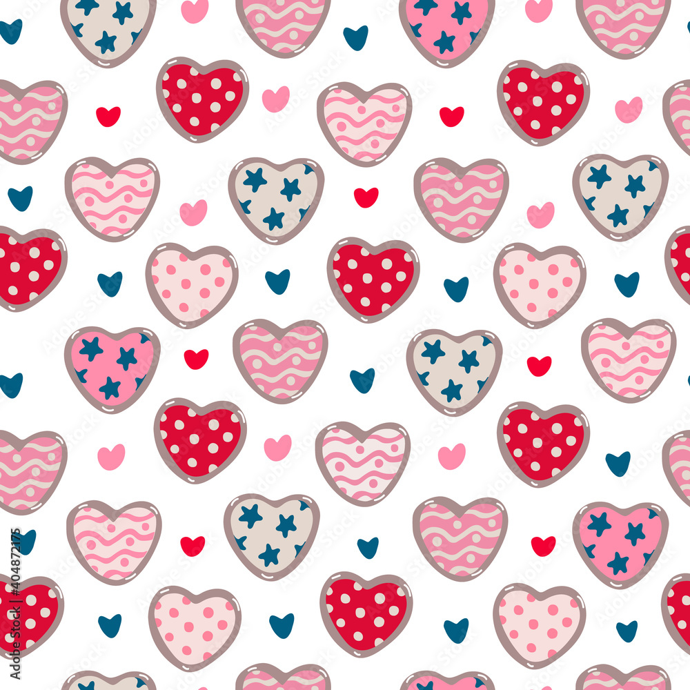 Vector seamless pattern with heart shaped cookies or biscuits with patterns for Valentine's day, wedding on white. Great for fabrics, wrapping papers, wallpapers, covers. Pink, red, indigo colors. Vector seamless pattern with heart shaped cookies or biscuits with patterns for Valentine's day, wedding on white. Great for fabrics, wrapping papers, wallpapers, covers. Pink, red, indigo colors.