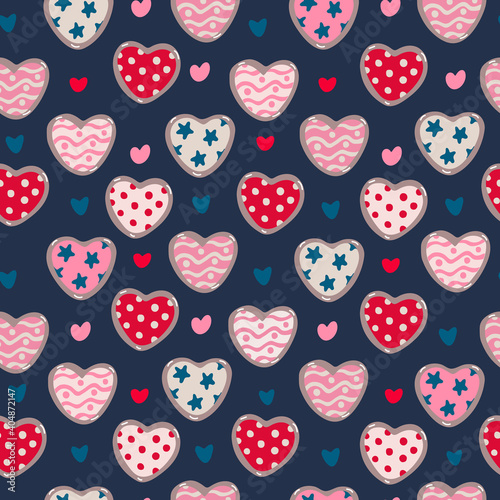 Vector seamless pattern with heart shaped cookies or biscuits with patterns for Valentine s day  wedding on dark. Great for fabrics  wrapping papers  wallpapers  covers. Pink  red  indigo colors.