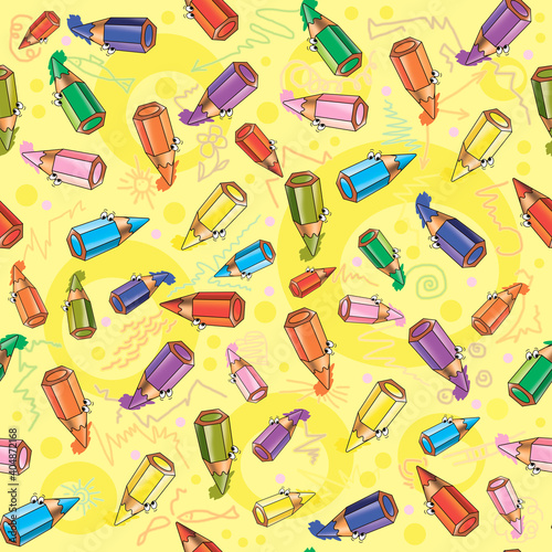 Pattern, the image of colored, small cheerful pencils on a blue background.