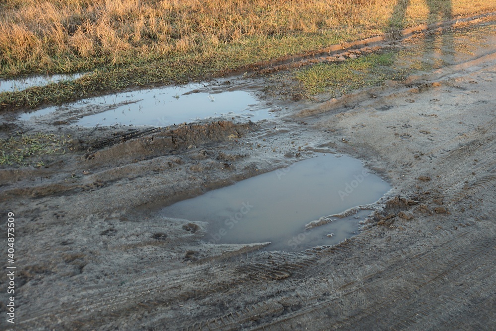 two big puddle of  gray dirty water on the brown earth of the road
