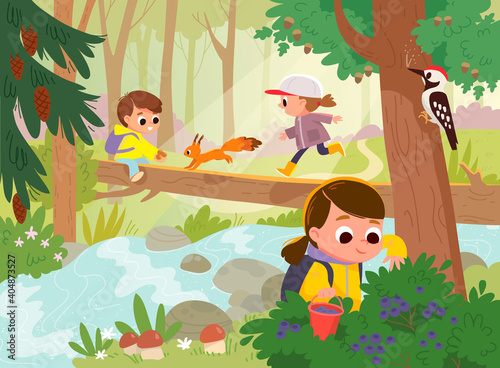 Forest school movement activities. Mushroom hunting, mushrooming, picking forest wild berries. Kids go walking to the woods by fallen tree bridge across the stream. Children gets out in the fresh air.
