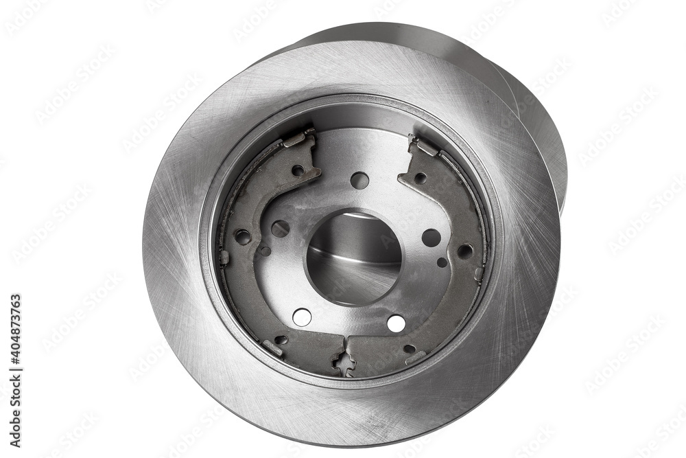 rear brake discs with drum brake pads inside a drum, car spare part isolated on white background. rear brake discs with drum brake pads inside a drum, car spare part isolated on white background.