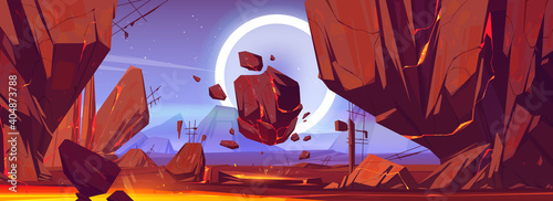 Space, alien planet landscape with rocks and lava in cracks. Extraterrestrial mountains panoramic view with sun and stars on sky, pc game background, cosmos exploring, Cartoon vector illustration