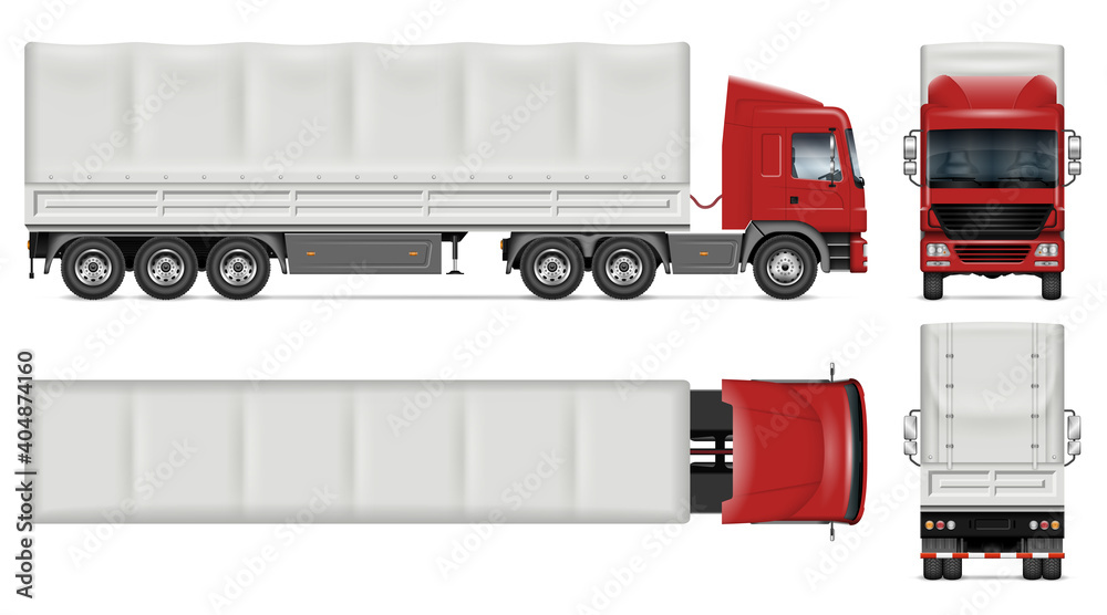 Semi trailer truck vector mockup on white for vehicle branding, corporate identity. View from side, front, back, top. All elements in the groups on separate layers for easy editing and recolor - obrazy, fototapety, plakaty 