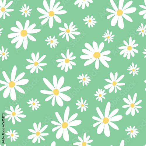 Fototapeta Naklejka Na Ścianę i Meble -  Children's seamless pattern with white flowers camomiles . Cute texture for kids room design, Wallpaper, textiles, wrapping paper, apparel. Vector illustration