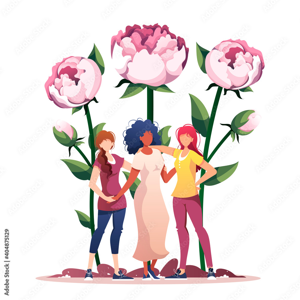 Women with huge peonies. International Women's Day, 8 March, Feminism, friendship, womanhood concept. Isolated vector illustration for card, banner, poster, postcard. Women with huge peonies. International Women's Day, 8 March, Feminism, friendship, womanhood concept. Isolated vector illustration for card, banner, poster, postcard.