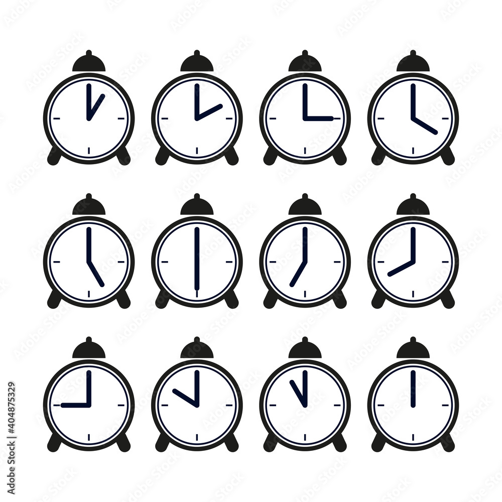 Alarm Clock With The Time From 01 O clock To 12 O clock Set Vector 