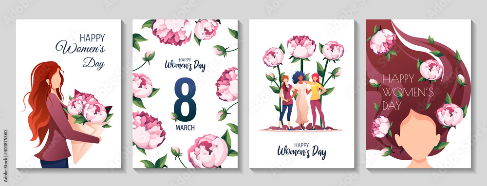 Set of cards or banners for International Women's Day, 8 March. Women with peonies. A4 vector illustration for poster, postcard, flyer. Set of cards or banners for International Women's Day, 8 March. Women with peonies. A4 vector illustration for poster, postcard, flyer.