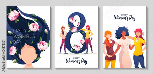 Set of cards or banners for International Women's Day, 8 March. Women with peonies. A4 vector illustration for poster, postcard, flyer. © TatyanaYagudina