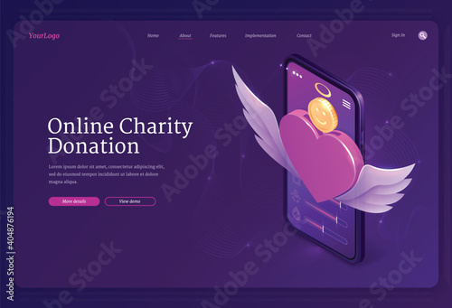 Online charity donation banner. Mobile app for financial donate, fundraiser, volunteer help. Vector landing page of digital service for charity with isometric heart and money on smartphone screen