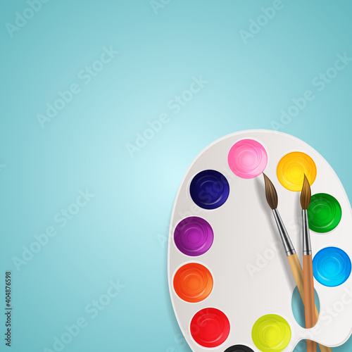 Realistic 3d background, tins with brush and Palette art background. Vector Illustration EPS10