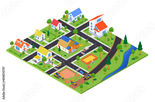 Housing complex under construction - vector colorful isometric illustration