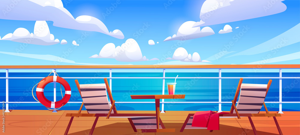 Φωτογραφία Cruise ship deck with sun loungers, wooden table with cocktail and lifebuoy hang on fencing