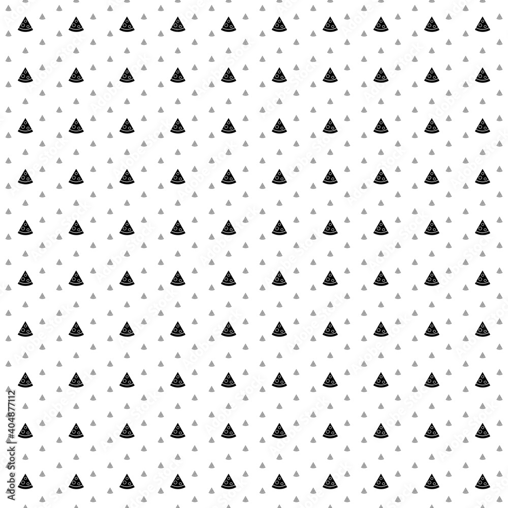 Square seamless background pattern from black slice of pizzas are different sizes and opacity. The pattern is evenly filled. Vector illustration on white background
