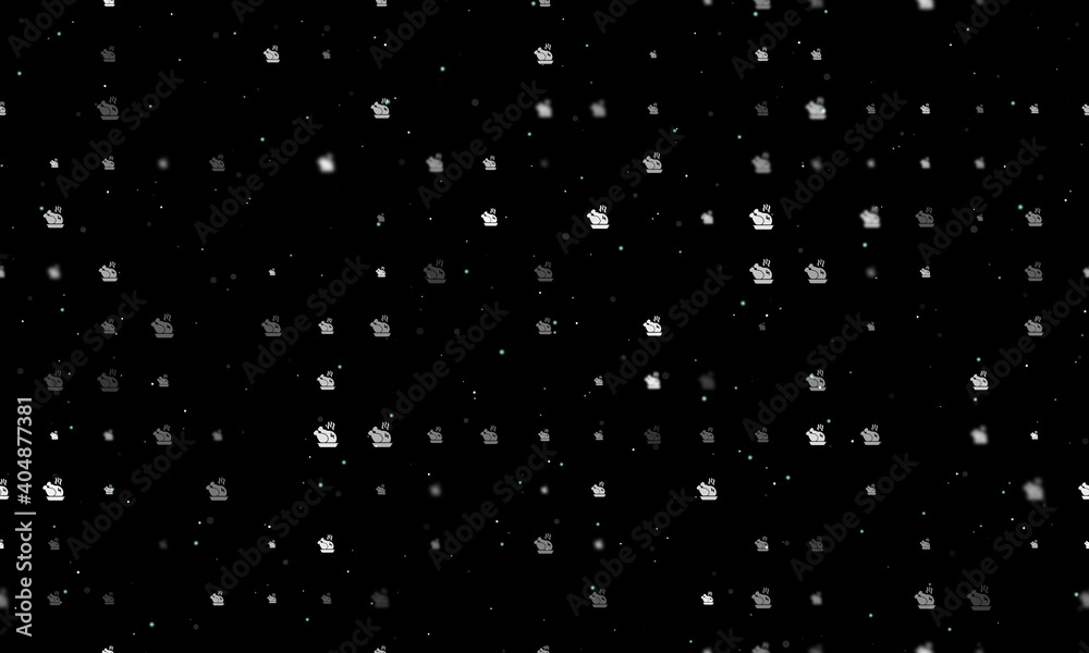 Seamless background pattern of evenly spaced white roasted turkeys of different sizes and opacity. Vector illustration on black background with stars Seamless background pattern of evenly spaced white roasted turkeys of different sizes and opacity. Vector illustration on black background with stars