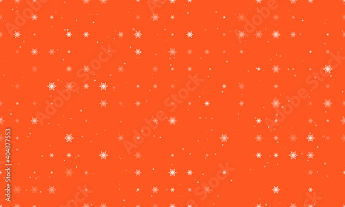 Seamless background pattern of evenly spaced white snowflakes of different sizes and opacity. Vector illustration on deep orange background with stars