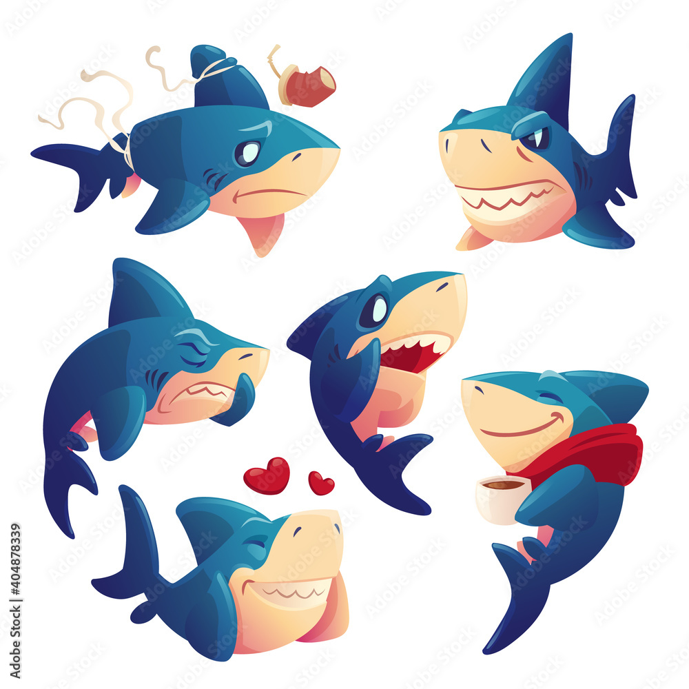 Cute shark cartoon character, funny fish mascot, underwater animal express  emotions fall in love, smiling, suffer of plastic trash, drink tea,  sneezing and yell. Toothy predator isolated vector set Stock Vector |