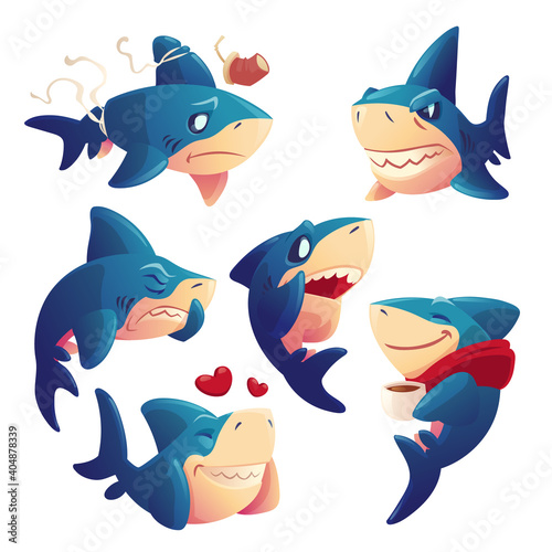 Cute shark cartoon character, funny fish mascot, underwater animal express emotions fall in love, smiling, suffer of plastic trash, drink tea, sneezing and yell. Toothy predator isolated vector set