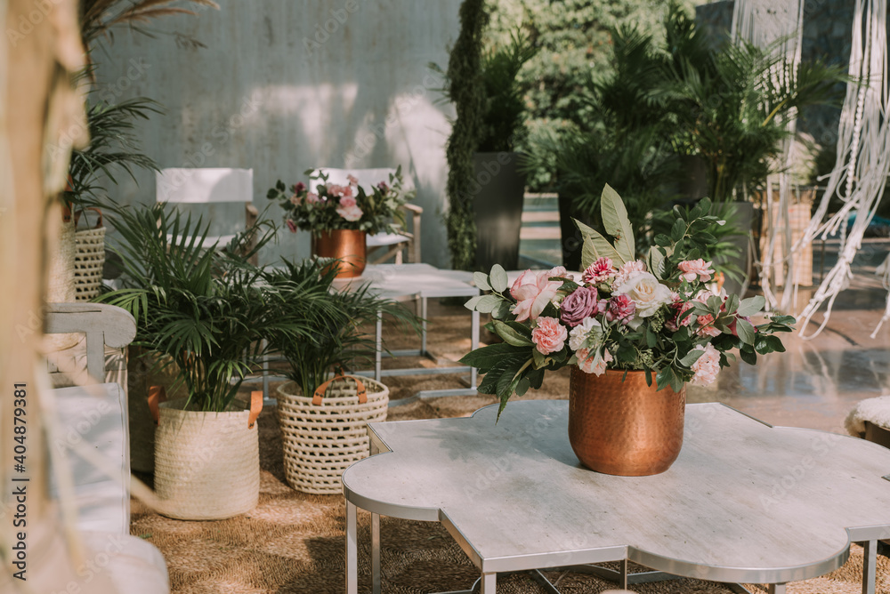 wooden tables and chairs with colorful flowers wooden tables and chairs with colorful flowers