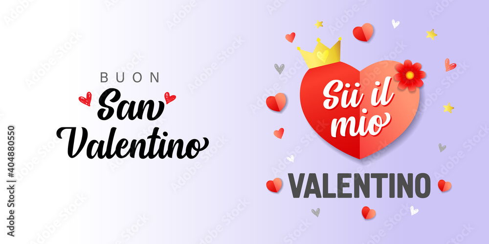 Buon San Valentino, Sii il mio San Valentino Italian lettering - Happy Valentines Day, Be my Valentine. Valentine holiday calligraphy with red heart, romantic elegant vector banner for Italy