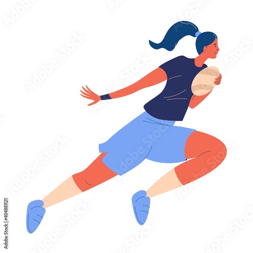 Young woman running with rugby ball. Vector sport illustration with young healthy female character