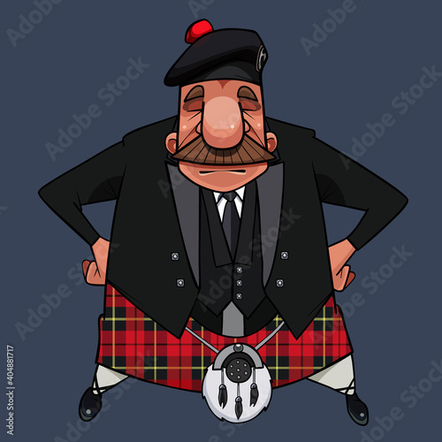 cartoon dressed up scottish mustachioed highlander in kilt stands akimbo