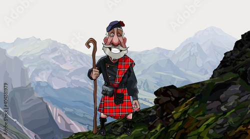 cartoon smiling gray haired Scottish highlander in a kilt with a staff in his hand stands on a high mountainside