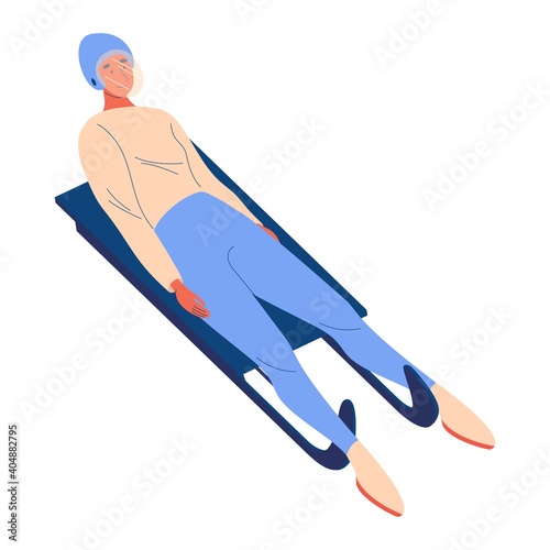Woman riding luge sled. Vector cartoon character in helmet. Professional winter sportsman isolated on white