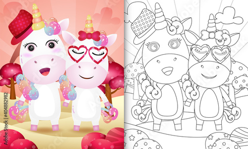coloring book for kids with a cute unicorn couple themed valentine day © riko_design