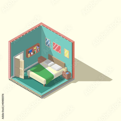 Vector isometric low poly bedroom cutaway icon. Turquoise room