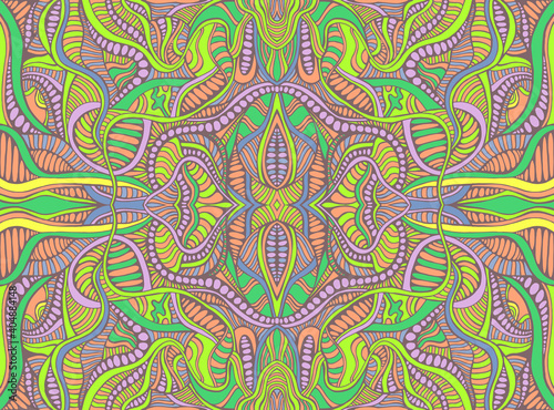 Psychedelic trippy fantastic pattern design background with colorful abstract mandala.