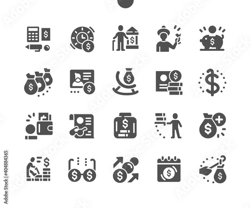 Pension Funds. Money box. Pensioner card and bank. Accounting and finance. Grandparents money. Pension savings. Vector Solid Icons. Simple Pictogram