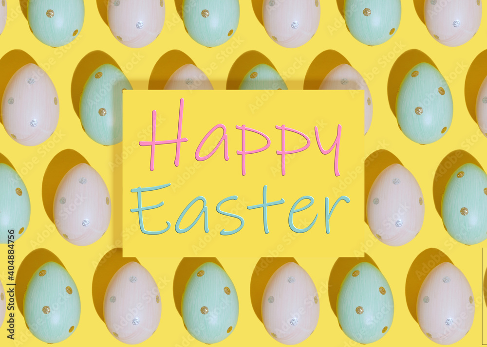 Happy Easter greeting card on colored eggs background. Flat lay composition with Easter eggs. mockup and top view