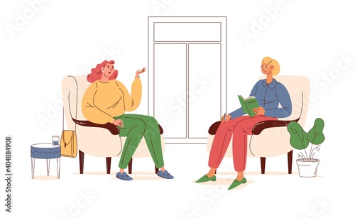 Young woman at psychotherapist session talking about problems and fears. Outline stylish interior with soft chairs and flower pots