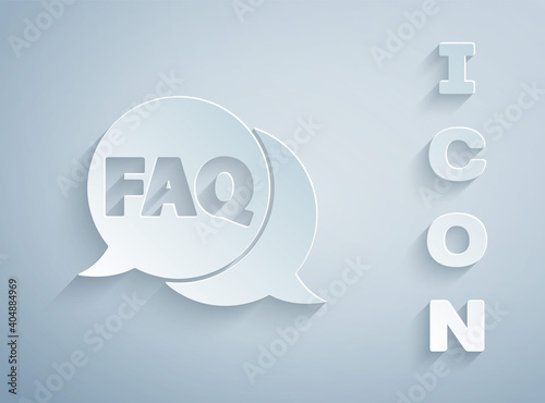 Paper cut Speech bubble with text FAQ information icon isolated on grey background. Circle button with text FAQ. Paper art style. Vector Illustration.