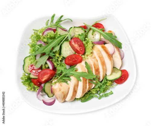 Delicious salad with meat, arugula and vegetables isolated on white, top view