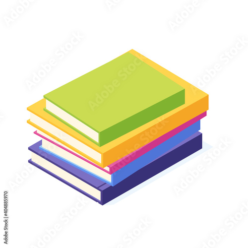 Stack of lying paper book with hard cover isometric.