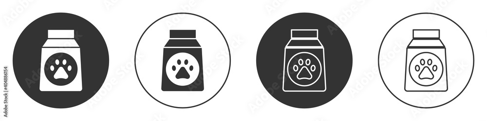 Black Bag of food for dog icon isolated on white background. Dog or cat paw print. Food for animals. Pet food package. Circle button. Vector. Black Bag of food for dog icon isolated on white background. Dog or cat paw print. Food for animals. Pet food package. Circle button. Vector.
