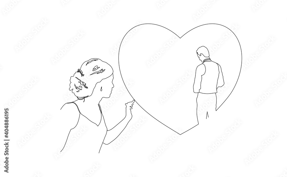 illustration of a women with heart in hand and lovely boy  (line art drawing for for st valentin's and bridal  cards, posters and message) 