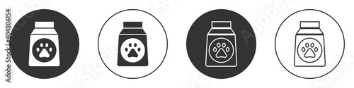 Black Bag of food for dog icon isolated on white background. Dog or cat paw print. Food for animals. Pet food package. Circle button. Vector.